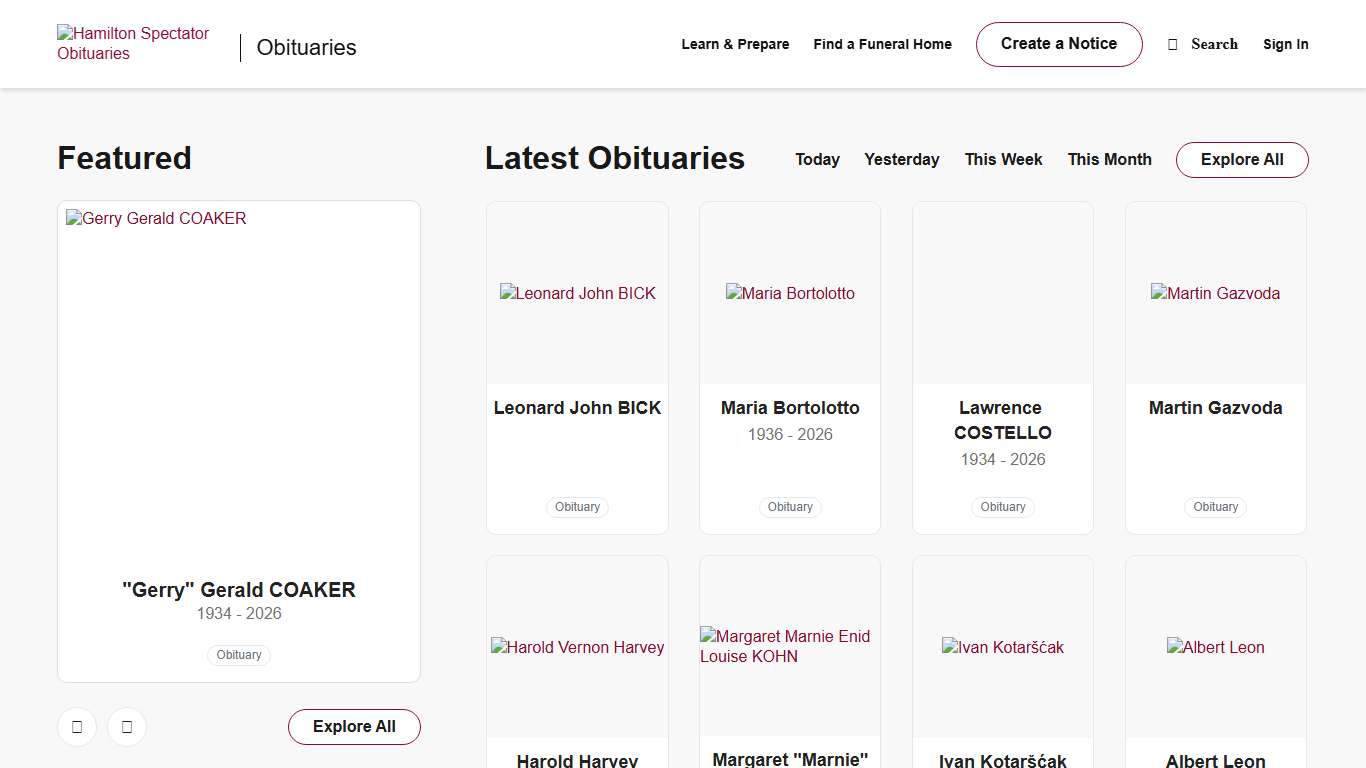 Obituaries Hamilton Spectator